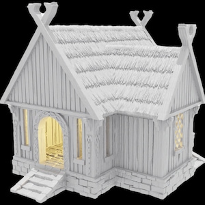 Può includere: Un modello in miniatura bianco di una casa di legno con tetto di paglia. La casa ha un piccolo portico con gradini che conducono alla porta d'ingresso. Le finestre sono illuminate da una calda luce.