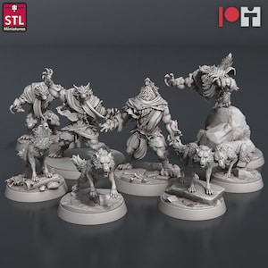 May include: A set of seven grey 3D printed miniatures depicting werewolves and wolves. The miniatures are posed in various dynamic stances, with some holding weapons and others howling. The miniatures are set on circular bases.