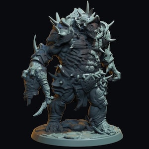 May include: A detailed gray figurine of a monstrous creature, possibly for tabletop gaming. The figure is heavily armored with spikes and sharp edges, and holds a weapon. The creature stands on a circular base.