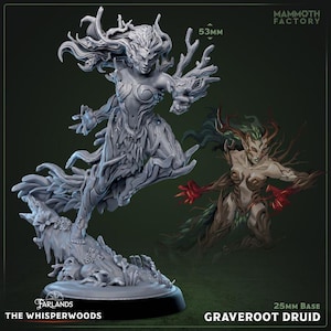 以下が含まれることがあります： 「The Whisperwoods」コレクションの一部である、流れるような木の模様が特徴的な女性フィギュアの、詳細な3Dプリントミニチュア。フィギュアの高さは約53mm。Graveroot Druidの2番目のミニチュアも表示されています。ベースは25mmです。
