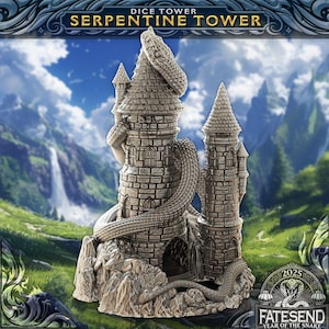 May include: A gray stone dice tower with the text "SERPENTINE TOWER" at the top. A large snake winds around the two towers. The base of the tower is on a rocky surface. The background shows a mountain range and a waterfall.