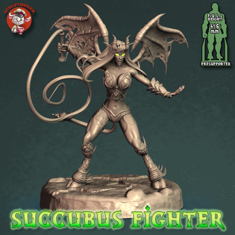 May include: A gray 3D printed miniature of a female succubus fighter with wings, a tail, and a whip. The miniature is standing on a circular base and is approximately 4.16 inches tall.