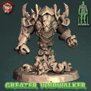 May include: A gray 3D printed miniature of a Greater Voidwalker, a creature with a humanoid upper body and a swirling cloud-like lower body. The miniature is posed in a threatening stance with its arms outstretched and fists clenched. The miniature is approximately 49.5 mm tall and is pre-supported for easy printing.