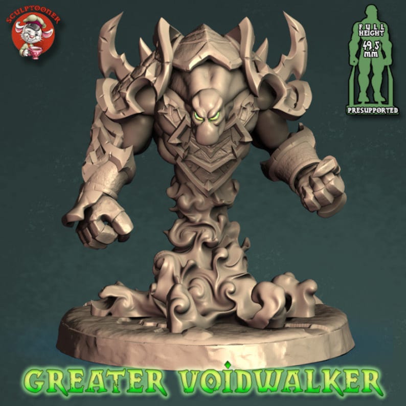 May include: A gray 3D printed miniature of a Greater Voidwalker, a creature with a humanoid upper body and a swirling cloud-like lower body. The miniature is posed in a threatening stance with its arms outstretched and fists clenched. The miniature is approximately 49.5 mm tall and is pre-supported for easy printing.