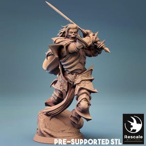 May include: A detailed 3D printed miniature of a warrior in full armor, wielding a sword and shield. The miniature is painted in a brown color and is posed in a dynamic fighting stance. The miniature is pre-supported and ready to be printed.