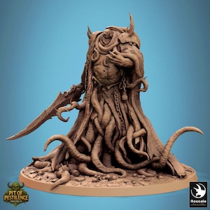 May include: A detailed brown resin miniature of a grotesque figure with horns, tentacles, and a large sword. The figure is on a circular base with the text "PIT OF PESTILENCE VOLUME II". The background is a light blue.