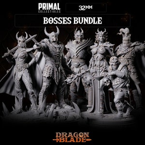 May include: A set of six 32mm scale fantasy miniatures depicting various bosses from the Dragon Blade game. The miniatures are made of gray plastic and are unpainted. The set includes a female warrior, a male warrior, a knight, a goblin, a demon, and a dragon.