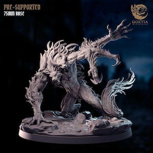 May include: A detailed 3D-printed miniature of a monstrous creature, pre-supported and posed on a 75mm base. The figure has a humanoid torso, with a bestial head and clawed limbs. The creature is sculpted with intricate details, ready for painting.