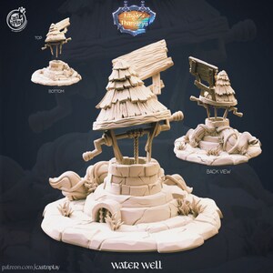 May include: A miniature water well with a thatched roof and a hand crank. The well is made of stone and has a wooden bucket hanging from a rope. The well is surrounded by a small patch of grass. The well is a miniature tabletop game piece.