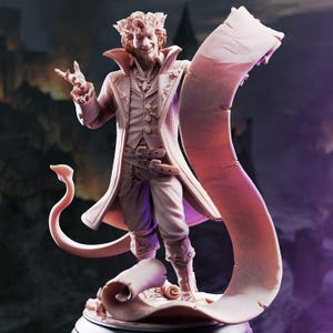 May include: A light-colored, unpainted resin miniature figurine of a humanoid character with a pointed tail, wearing a detailed coat, vest, and trousers. The figure holds a long, curling scroll that extends from the top to the base of the statue.
