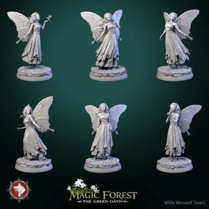 May include: Six gray fairy figurines with detailed wings and flowing dresses are displayed. Each fairy stands on a textured base, with varying poses. The image includes the "Magic Forest" logo and "White Werewolf Tavern" text.