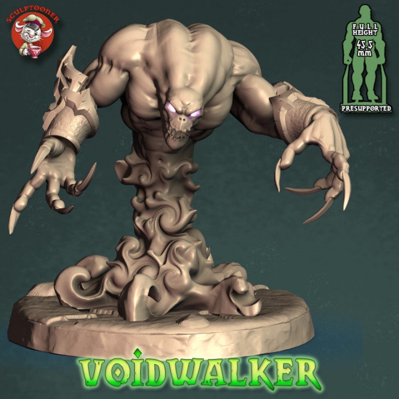 May include: A 3D printed miniature of a Voidwalker, a creature with a humanoid upper body and a swirling, cloud-like lower body. The miniature is painted in a light gray color and has glowing purple eyes. The miniature is standing on a circular base with the text "VOIDWALKER" printed on it. The miniature is 4.5 inches tall.