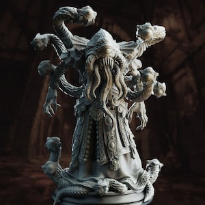 May include: A gray, detailed, 3D printed miniature of a multi-eyed, tentacled creature with a human-like body wearing a robe. The creature has multiple arms and eyes, and is standing on a base.