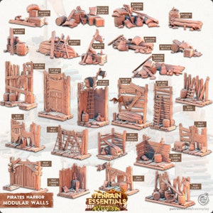 May include: A set of 24 miniature wooden wall pieces for tabletop gaming. The pieces are designed to represent a pirate harbor and include various textures and details, such as barrels, sacks, logs, and a boat. The pieces are painted in a natural wood color with brown accents.