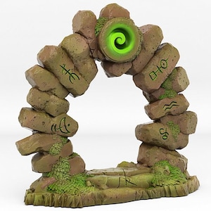 May include: A stone archway with a glowing green center. The arch is made of stacked, weathered stones with green moss and etched symbols. The base is a stone platform with green foliage.