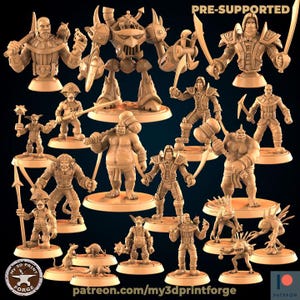May include: A collection of tan-colored miniature figurines featuring various fantasy characters, including warriors with swords, a large mechanical robot, orcs with clubs, and small creatures, all displayed on circular bases with the text PRE-SUPPORTED.