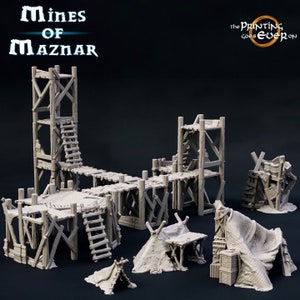 Puede incluir: Un conjunto de estructuras de madera en miniatura impresas en 3D, que incluyen una torre alta, un puente y una peque&ntilde;a caba&ntilde;a. Las estructuras est&aacute;n dise&ntilde;adas para juegos de mesa y est&aacute;n hechas de pl&aacute;stico gris claro.