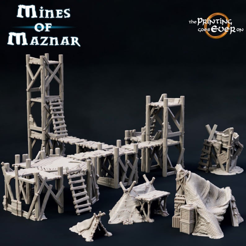 Puede incluir: Un conjunto de estructuras de madera en miniatura impresas en 3D, que incluyen una torre alta, un puente y una peque&ntilde;a caba&ntilde;a. Las estructuras est&aacute;n dise&ntilde;adas para juegos de mesa y est&aacute;n hechas de pl&aacute;stico gris claro.
