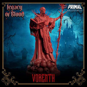 Puede incluir: Estatua roja de Vorinth de Primal Collectibles, sosteniendo un bastón y un libro, de pie sobre calaveras. El fondo presenta un cementerio, un castillo y el texto "Legacy of Blood".
