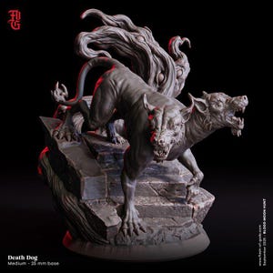 May include: A detailed, grey Death Dog figurine with two heads and a menacing posture, perched on a stone structure. The sculpture features intricate details, including sharp claws and a textured mane. The base is 25 mm.