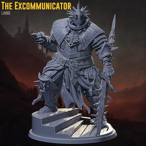 May include: A grey figurine of a warrior in spiked armour, holding a sword and pointing. The text "THE EXCOMMUNICATOR LARGE" is at the top. The figure stands on a wooden platform.