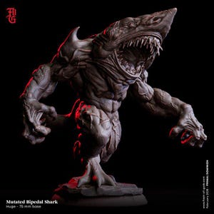 May include: A detailed, gray-toned sculpture of a mutated bipedal shark with a menacing open mouth and sharp teeth. The figure has muscular arms and legs, and the base is 75 mm. The text reads "Mutated Bipedal Shark" and "Primal Dominion."
