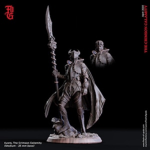 May include: A detailed bronze-colored figurine of Kyera, The Crimson Calamity, holding a spear. The figure is clad in ornate armor and a flowing cape. A smaller bust of the character is also visible. The base is 25 mm.