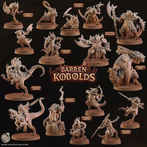 May include: A collection of miniature brown fantasy figurines labeled Barren Kobolds, featuring various characters including warriors, assassins, a leader, a merchant, mounted riders on reptilian creatures, and a brute holding a large bone.