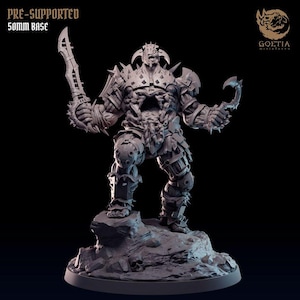 May include: A detailed gray miniature figure of a warrior, holding a large sword and a curved blade. The figure is heavily armored and stands on a rocky base. The base is 50mm in diameter. The text "PRE-SUPPORTED" and "50mm BASE" is visible.