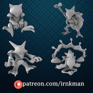 May include: Four gray 3D-printed figurines of Pokémon characters, including Mewtwo and Alakazam, are displayed against a patterned blue background. The figurines are in various poses, showcasing their unique designs. The image also includes the text "patreon.com/irnkman".
