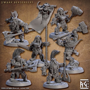 May include: A set of six grey plastic miniature figurines of dwarf berserkers, each holding a weapon, standing on a circular base. The miniatures are posed in various fighting stances. The set includes a banner with a skull and a beard.