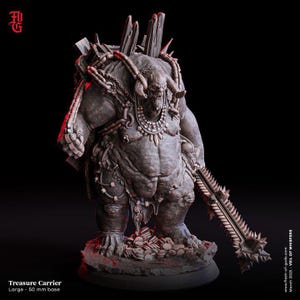 May include: A detailed miniature of a treasure carrier, a large, grotesque, grey-skinned creature with horns, chains, and a spiked club. The miniature is standing on a 50 mm base.