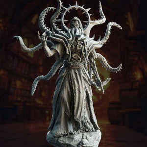 May include: A detailed, gray, skeletal figure with a long beard and multiple tentacles. The figure wears a robe and a crown of thorns. The figure is standing on a rocky base.