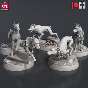 May include: Five grey 3D printed miniature dog figurines, each with a chain around their neck, standing on circular bases. The dogs are in various poses, some are snarling, some are running, and some are standing. The bases are textured to look like stone.