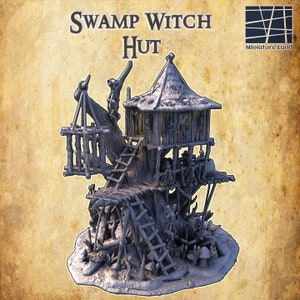 May include: A grey, detailed miniature of a swamp witch's hut, built on a tree trunk with a thatched roof and multiple levels. The hut has a wooden cage, ladders, and a small platform. The miniature is set on a base with a swampy environment.