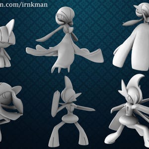 May include: Six white 3D printed figurines of a Pokemon character in various poses. The character is a humanoid with a long, flowing dress and a crown.