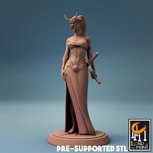 May include: A 3D printed miniature of a female figure wearing a red and white mask, a brown skirt, and holding a sword. The figure is standing on a round base. The miniature is pre-supported and ready to be printed.