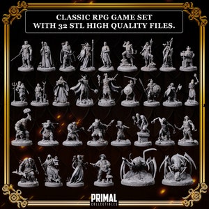 May include: A set of 32 grey miniature figurines, each representing a different character from a fantasy RPG game. The figures are arranged in rows and columns, with the text "CLASSIC RPG GAME SET WITH 32 STL HIGH QUALITY FILES."