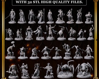 May include: A collection of 32 gray miniature figurines, each depicting a different character from a fantasy RPG game. The figures are arranged in rows and columns, with the text "CLASSIC RPG GAME SET WITH 32 STL HIGH QUALITY FILES."