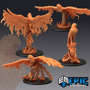 May include: Four miniature figurines of phoenixes in various poses, each with intricate details and a fiery, orange-brown colour scheme. The phoenixes are perched on circular bases.