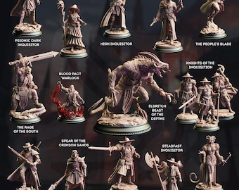 May include: A collection of detailed miniature figurines, each depicting a unique character with weapons and attire. The figurines include characters labeled as Inquisitors, Warlocks, and a beast, all on circular bases. Text labels identify each figure.