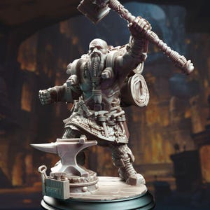 May include: A detailed miniature figurine of a dwarf blacksmith, holding a hammer and standing on an anvil. He is wearing a leather kilt, a belt with tools, and a backpack. The figurine is painted in a light brown colour.