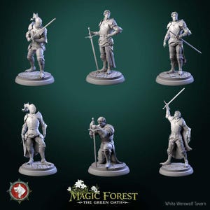 May include: Six gray miniature figurines of knights in armor, each holding a sword. The knights are in various poses, including standing, kneeling, and raising their swords. The base of each figurine is a circular shape. The image includes the text "Magic Forest The Green Oath" and "White Werewolf Tavern".