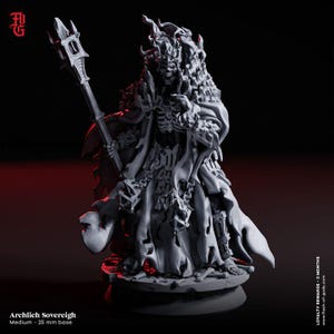 Op de afbeelding: Gedetailleerde, grijze miniatuurfiguur van een Archlich Sovereign, die een staf vasthoudt. De figuur draagt een mantel en heeft een skeletachtig uiterlijk. De basis is 25 mm. De tekst "Archlich Sovereign" en "Medium - 25 mm base" is zichtbaar.