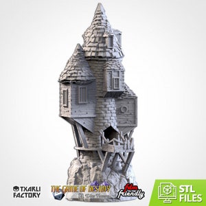 May include: A 3D printed model of a grey stone tower with a pointed roof and multiple windows. The tower is built on a rocky base and has a wooden bridge connecting to a smaller building. The model is labelled "The Game of Destiny STL Dice Tower".
