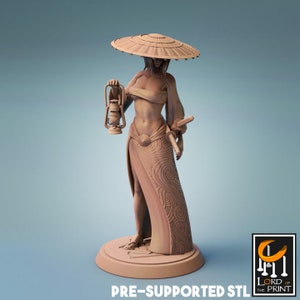 May include: A 3D printed miniature of a female figure wearing a wide-brimmed hat, a flowing skirt, and holding a lantern and a sword. The figure is posed in a standing position with one hand on her hip and the other holding the lantern. The miniature is pre-supported and ready to be printed.