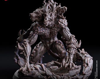 May include: A detailed, three-headed, grey and black, demonic creature with sharp claws and teeth, standing on a rocky base. The creature is a Shadowbound Cerberus, a large miniature figure for tabletop gaming.