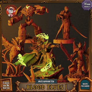 Puede incluir: Un conjunto de miniaturas de Elfos de Sangre a escala de 32 mm para juegos de mesa. El conjunto incluye una guerrera Elfa de Sangre, una maga Elfa de Sangre y una bestia Elfa de Sangre. Las miniaturas están pre-soportadas y vienen con bases incluidas.