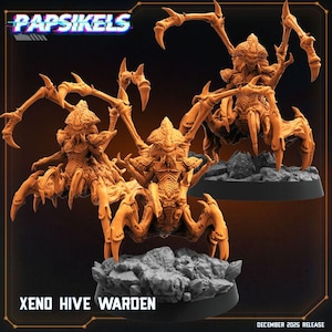 May include: Two orange-colored Xeno Hive Warden miniature figures with multiple limbs and textured carapaces, each mounted on a dark circular base with rocky terrain. The text PAPSIKELS and XENO HIVE WARDEN is visible in the image.
