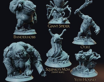 May include: A collection of gray monster figurines, including a Banderhobb, Giant Spider, Ogre, Forest Troll, Squinky's Mom (Giant Slug), and Yeth Hound. The word "MONSTERS - L" is at the top of the image.